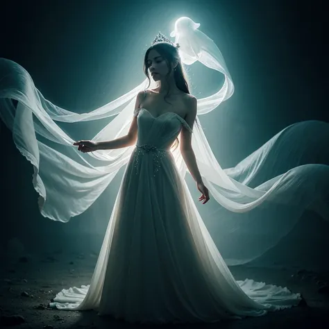 The concept of beauty、existence like air、ghostly ghost、Unforgettable beauty、Mysterious atmosphere、Dark and eerie、Ethereal glow、supernatural energy、A ray of smoke、Translucent figures、Spiritual Reality、Hauntingly beautiful、Ethereal Princess、Ghostly Aura、Ethe...