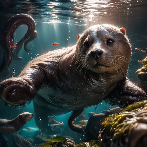 (best quality,4k,8k,highres,masterpiece:1.2),ultra-detailed,(realistic,photorealistic,photo-realistic:1.37),a playful Otter with a captured Octopus,underwater scene,dramatic lighting,natural colors,bubbling water,ripples in the water,reflections of light o...