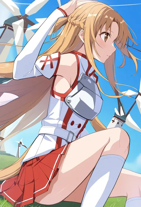 Asuna_(star), length_hair, skirt, red_skirt, independent_sleeve, windmill, white_Knee socks, Brown_hair, Brown_eye, breastplate, alone, Pleats_skirt, miniskirt,white_belt