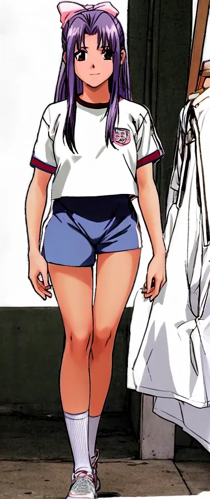 Momoko Koigakubo, a tall girl with beautiful legs, is wearing a white gym suit and knee-length gym shorts, smiling and standing with her legs spread to the side.。