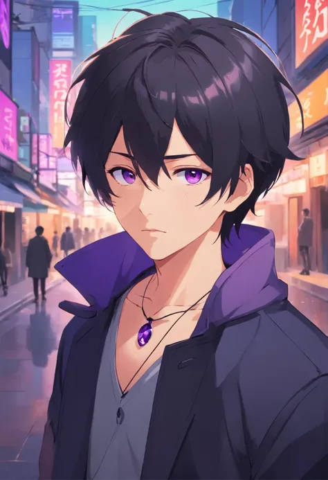 Man with short straight black hair, looking straight at the camera, beautiful, apathetic face, wearing a black coat with purple details, black fabric pants, black shoes, necklace with a single purple stone. 4khd,