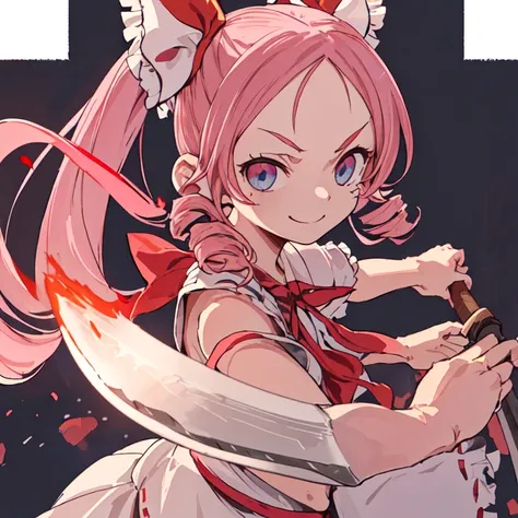 machete, one girl, serious face, hakurei reimu, machete in hand  , (pink hair, twin tails twin drill, show your forehead, blue e...