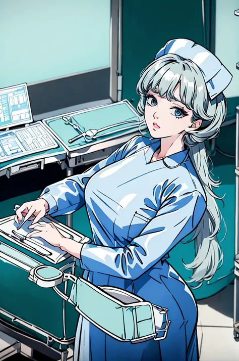 nurse uniform,hospital, latex nurse suit,nurses,busty,elbow gloves,labcoat,white hair woman,white eyes , gigantic ,medical instr...