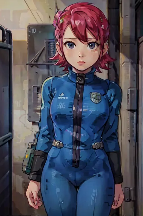 Mayl Sakurai reimagined as a vault dweller, doing maintenance in an underground vault. Her vibrant pink hair stands out against the dimly lit environment. She is a 26-year-old woman dressed in a vault dweller jumpsuit, indicative of her role in the post-ap...