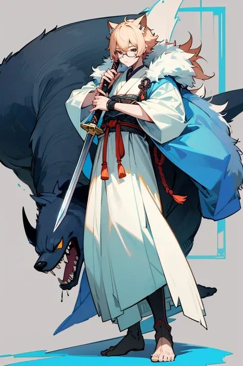 Hokkaido dog beast person、Vermilion fur、BREAK（Mini character:1.5),wearing black glasses、BREAK,Wearing Japanese clothing、Hall々It is said that、In the center、Full body cut、High quality、Over quality、In great detail、A sword is hanging from his waist、It has dept...