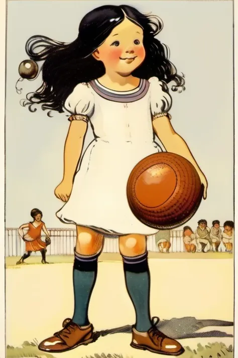 kate greenaway style - a girl of 8 years, black hair, brown shoes, eyes shining with curiosity, in school, play ball with friend...