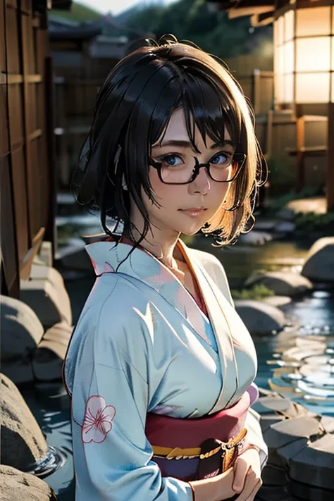 (masterpiece, highest quality), One Girl,  Satou, Satou, Glasses, yukata, Satou, Glasses, 赤いフレームのGlasses, Onsen town in Japan:1.5,Head to waist,yukata:1.6,hot spring,Dogo Onsen,Kusatsu Hot Springs,