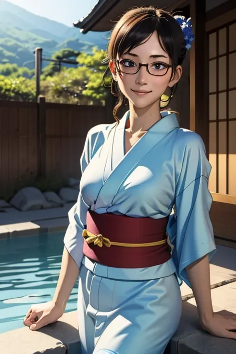 (masterpiece, highest quality), One Girl,  Satou, Satou, Glasses, yukata, Satou, Glasses, 赤いフレームのGlasses, Onsen town in Japan:1.5,Head to waist,yukata:1.6,hot spring,Dogo Onsen,Kusatsu Hot Springs,