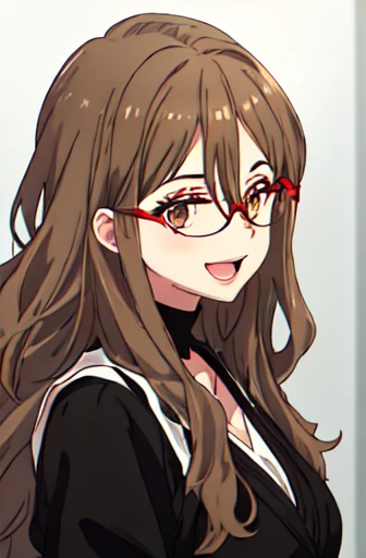 best quality, masterpiece, highres, solo, {nakahara_mizuki_lycorisrecoil:1.15}, brown_hair, long_hair, glasses, red-framed_eyewear, hair_between_eyes, brown_eyes, semi-rimless_eyewear, 1girl, looking_at_viewer, over-rim_eyewear, open_mouth, smile