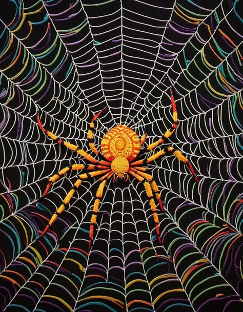 a whimsical spider weaving an intricate web nearby, its body adorned with bright, decorative patterns. the spider adds an elemen...