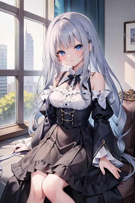 masterpiece, highest quality, High resolution, 8-year-old girl、blue eyes、
Silver Hair,  Braiding、Jet black ruffled dress, Shoulder puff sleeves、flare skirt、Long skirt、Western-style building、Sit by the window