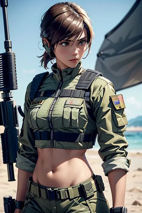 a woman in a white outfit holding a rifle and wearing headphones, 24-year-old woman, Filipino woman, tan bronze skin, soldier girl, mechanized soldier girl, military girl, beautiful female soldier, female lead character, infantry girl, of a sniper girl in ...