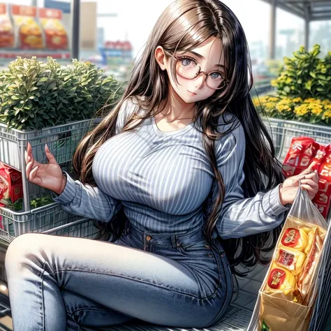 1young woman, very pretty, shy, big shiny eyes, thin upturned nose, glasses, very sweet face, (nice body),(nice large breasts),(nice hands), wearing a light blue blouse with thin white stripes, jeans, sitting at a supermarket checkout,