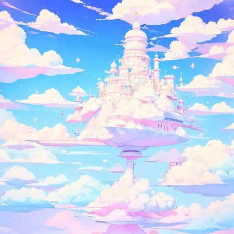 (1 girl)、Disorganized、Fantasy World、In this pastel-colored world, the clouds are fluffy and cute like cotton candy.、Rolling around on the clouds with the biggest smile on my face、