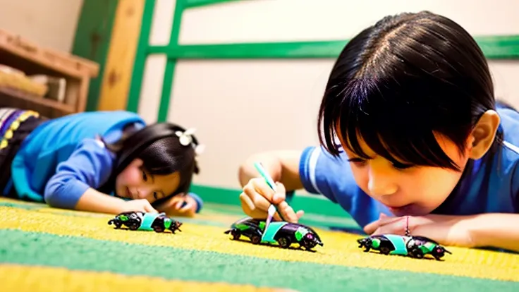 田舎で田舎でChildren playing with beautiful beetles、Children playing with beautiful beetles、