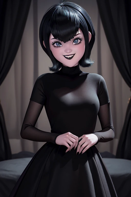 Mavis es una vampira de estatura media con una apariencia juvenil y atractiva. He has pale skin, cabello largo y negro, y ojos grandes y expresivos de color rojo brillante. Suele vestir con un estilo moderno y colorido, often in dresses or outfits that ref...