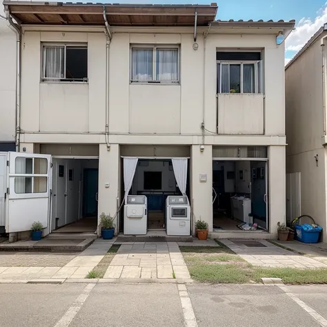 What a laundry business looks like from its facade a very large business with 2 houses  and there are washing machines outside and inside many washing machines  