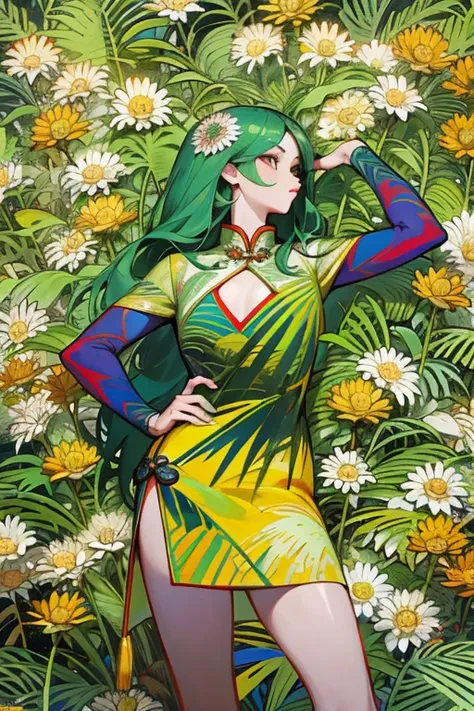 fashion magazine，ultrarealism oil painting，（macaw），Chinese long haired young girl，Light green and powder yellow，Chrysanthemum and plant covering background，The style of artist Bruce Zheng，Huge round chest，shinny hair，cowboy lens，art-deco，Verism，blooms，Awar...