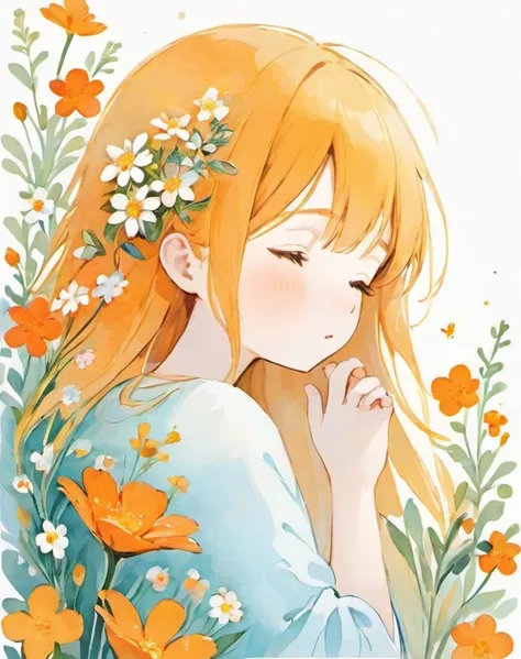 Illustration of a shy and sleepy girl, Completely white image, Very soft color, watercolor, Flowers, Hannah Dale,Many small orange flowers are blooming