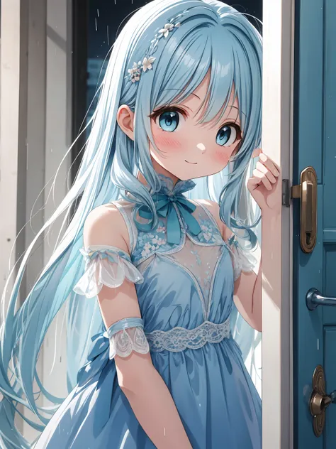 masterpiece, best quality, extremely detailed, (illustration, official art:1.1), 1 girl ,(((( light blue long hair)))), ,(((( light blue long hair)))),light blue hair, ,10 years old, long hair ((blush)) , cute face, big eyes, masterpiece, best quality,((((...