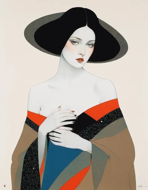 1 beautiful young woman,
cleavage
off shoulder oversized shirt
( 8k,  gradient art by Harry Clarke		Hayv Kahraman )