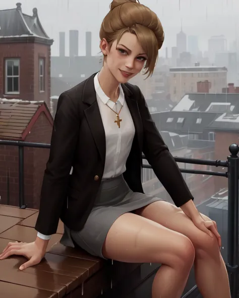 (highres, best quality:1.3), kat3lis, dark blonde hair, hair bun, hazel eyes, slender, wool blazer, cross necklace, raining, wet...