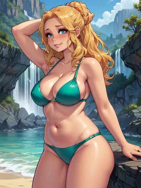 art by Kipteitei, 1girl, (blond hair), long wavy hair, hair up, blue eyes, shiny green bikini, cleavage, happy expression, blushing, beach background with cliff and waterfall, detailed background, (cowboy shot), (best quality, masterpiece, amazing lighting...