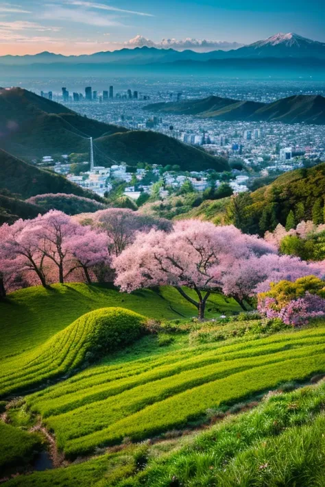 Landscape, Landscape viewed from mountain top, Japan, detail, realistic, ultra realistic, 8k uhd, DSLR, soft lighting, high quality, film grain, Fujifilm XT3, (Masterpiece) <la:add_detail:1