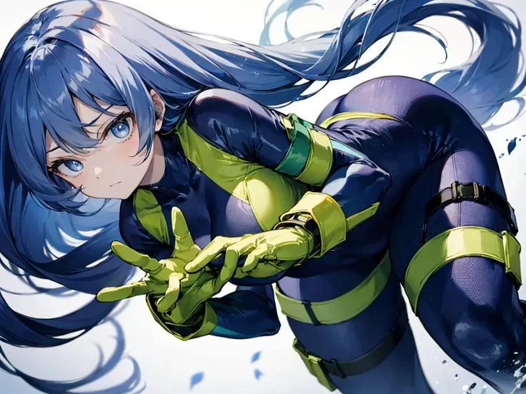 Nejirehadu, Nejire Wave, blue eyes, Blue Hair, Long Hair,
壊す blue Bodysuits, Bodysuits, Drill Hair, gloves, green Bodysuits, multicolored Bodysuits, Colorful clothes, yellow gloves,
((壊す full body)),
Break the white background，From below破る，Look Down，Lower ...