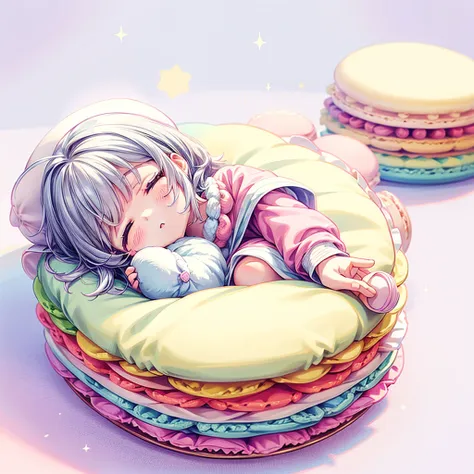 little、cute、soft and fluffy、heartwarming、pastel colour、sleeping between macarons on a macaron blanket、