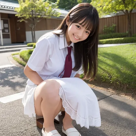 Crouching down to reveal white panties under her skirt、、Japanese high school girls smiling happily