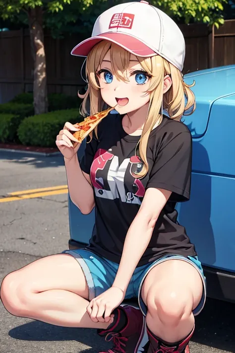 Anime Art、Full body portrait、Shadowrun、Future SF delivery guy、A woman, about 170cm tall, around 38 years old, wearing a T-shirt, jacket and shorts, sitting on top of a pickup truck and eating pizza.、Short, medium length, curly blonde hair、Laughing with mou...