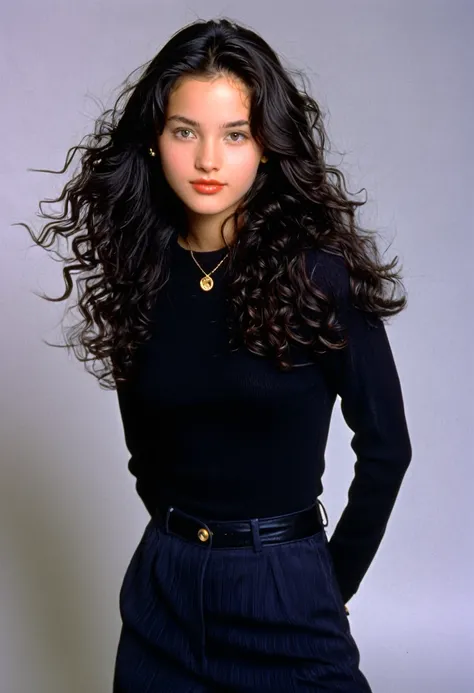 1996 clothing style, twenty year old woman, long dark wavy hair, blank background, 90s clothing, 90s style, 1990s, studio portrait, designer clothing, pretty girl, well-endowed, sophisticated outfit