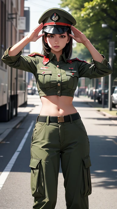 Women in crop top soldier uniform, soldier hat, military Shirt brooch,  exposed abdomen area, very low waist cargo pants, navel, 45 years-old, high ranking , standing, military salute, military standing 