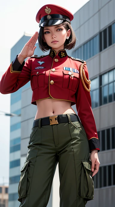 Women in crop top soldier uniform, soldier hat, military Shirt brooch,  exposed abdomen area, very low waist cargo pants, navel, 45 years-old, high ranking , standing, military salute, military standing 