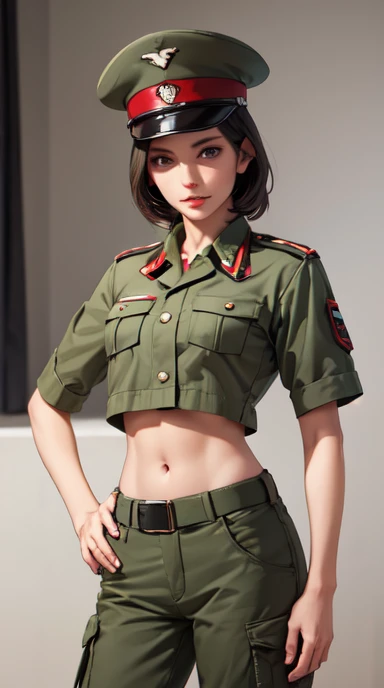 Women in crop top soldier uniform, soldier hat, military Shirt brooch,  exposed abdomen area, very low waist cargo pants, navel, 45 years-old, high ranking , standing, military standing , realistic, high quality 