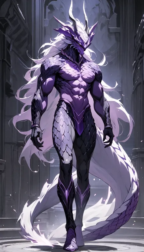 Solo male、Naga、Purple scales all over the body、Muscular dragon head、Serpent Legs、BREAK、White Aura、Full body view、(absurdres),masterpiece,