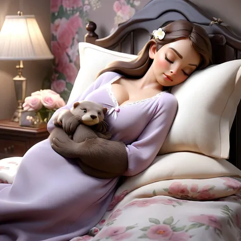 (best quality,4k,8k,highres,masterpiece:1.2),ultra-detailed,(realistic,photorealistic,photo-realistic:1.37),woman,fast asleep,sheer night gown,peaceful,otter,comfortable,sleep,between her breasts,flower filled bedroom,soft lighting,gentle colors,silky smoo...