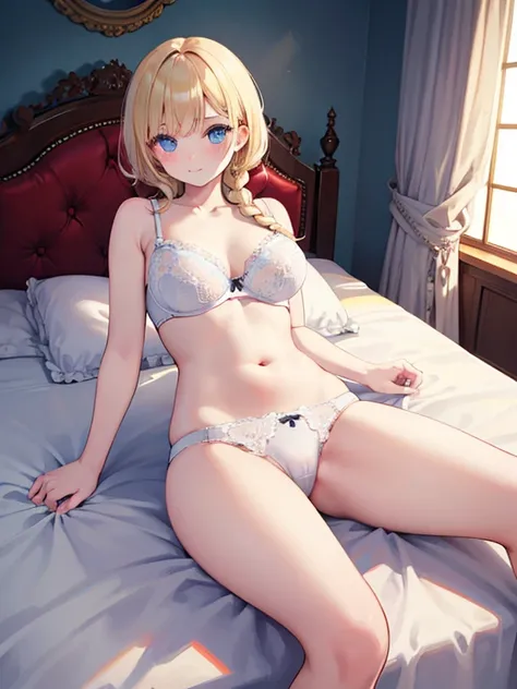 masterpiece, highest quality, Very detailed, 16k, Ultra-high resolution、One 17-year-old girl, Detailed face、Perfect Fingers, blue eyes, Blonde, Braid, White lace panties, White lace bra, Classical Western-style room, bed, Lie on your back