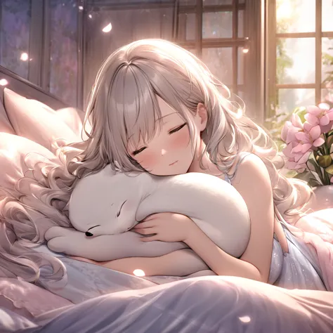 (best quality,highres),woman (fast asleep,peacefully),sheer night gown,beautiful peaceful face,long wavy hair,serene atmosphere,soft light,vibrant flower-filled bedroom,comfortable bed,plush pillows and blankets,fragrant flowers,delicate petals,soft color ...