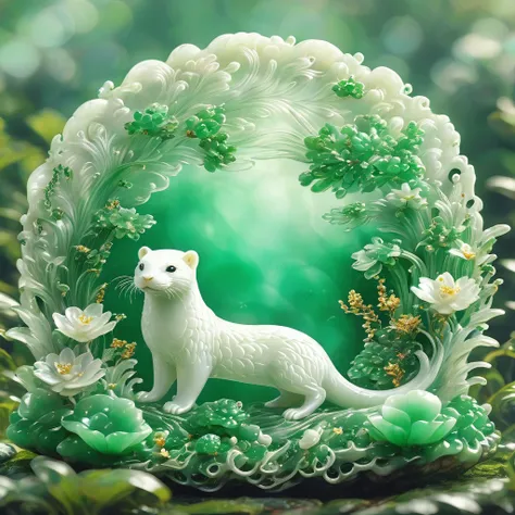 best quality, very good, 16k, ridiculous, extremely detailed, gorgeous transparent white jade emerald otter background grassland...