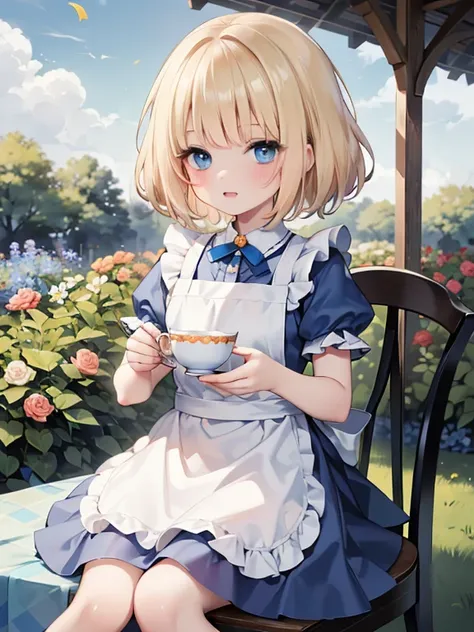 (8k, highest quality, tabletop:1.2)、ultra-high resolution、alice in wonderland, one 10-year-old girl, detailed face、blue eyes, bl...