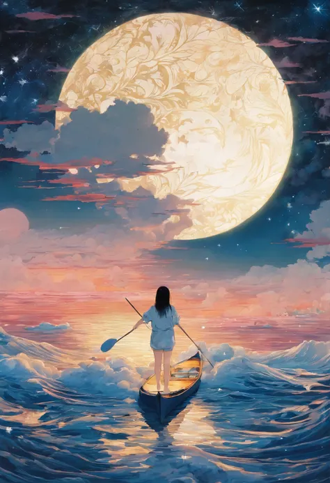 magical mystical fantastic landscape surreal、(masterpiece, highest quality:1.2), shining star々A girl paddles a sea kayak through the ocean with the sun reflecting in it、starry night sky background、Sea kayak、The stars are beautifully reflected in the girl&#...