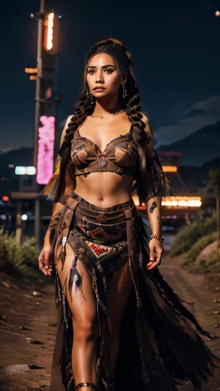 A high resolution ultra detailed realistic photo with a Native American woman, Native American woman with long legs and curvy figure, hairstyle wild braids, clothing is a mix of cyberpunk and  Native American style, Native American woman with full body pos...