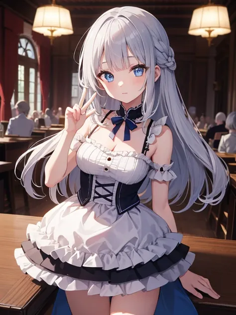 (8k, highest quality, Tabletop:1.2)、Ultra-high resolution, 9-year-old girl, Perfect Fingers, Detailed face, blue eyes, Silver Hair, Braid, Long Hair, White ruffle dress, Inside the castle, Dance