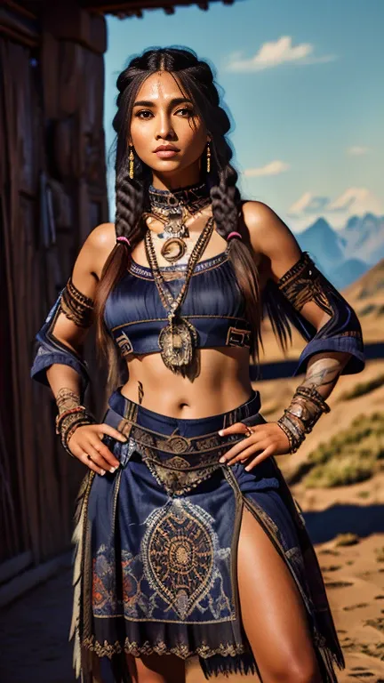 A high resolution ultra detailed realistic photo with a Native American woman, Native American woman with long legs and curvy figure, hairstyle wild braids, clothing is a mix of cyberpunk and  Native American style, Native American woman with full body pos...