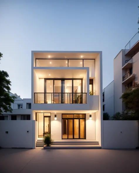 perspective of a modern house with a large enough front yard, main materials are light yellow walls, stone and wood, a road runn...