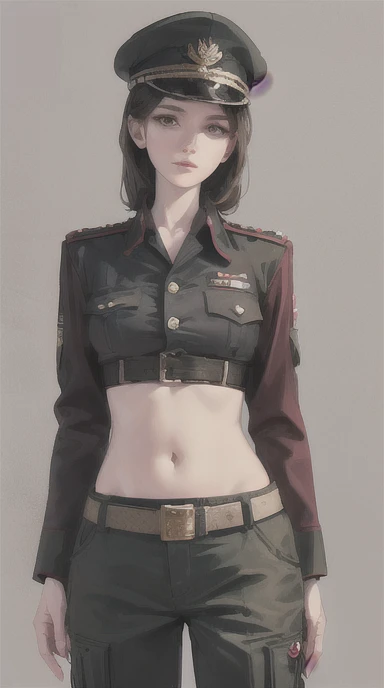 Women in crop top soldier uniform, soldier hat, military Shirt brooch,  exposed abdomen area, very low waist cargo pants, navel, 45 years-old, high ranking , standing, military standing , realistic, high quality 