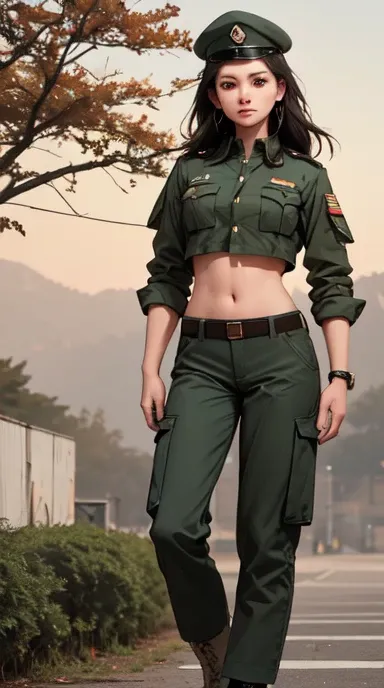 Women in crop top soldier uniform, soldier hat, military Shirt brooch,  exposed abdomen area, very low waist cargo pants, navel, 45 years-old, high ranking , standing, military standing , realistic, high quality 