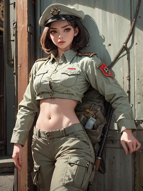 women in crop top soldier uniform, soldier hat, military shirt brooch,  exposed abdomen area, very low waist cargo pants, navel,...